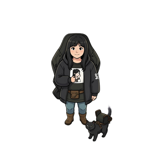 create a version of this girl in a fantasy woods setting with a black cat 