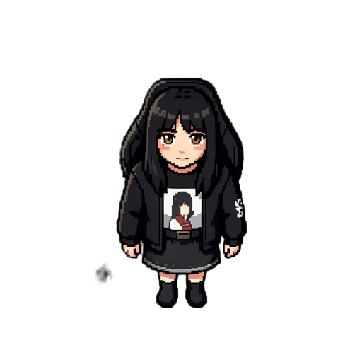 create a pixel ert version of this girl in a fantasy woods setting with a black cat 