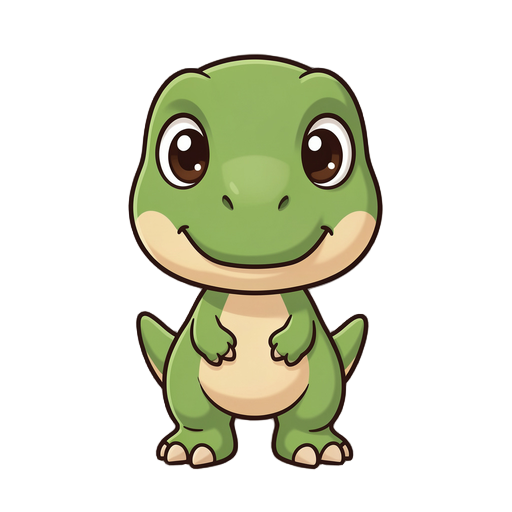 cute chibi 2d t-rex character, full body, front view, centered composition. stylized with an oversized head and very small compact body, giving a playful and adorable appearance. rounded soft shapes throughout.  head is large with a short rounded snout, b