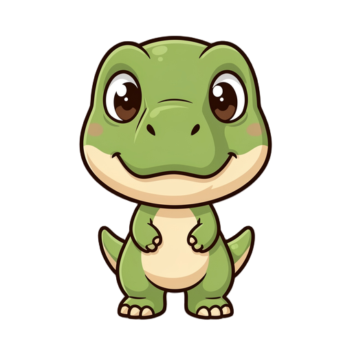 cute chibi 2d t-rex character, full body, front view, centered composition. stylized with an oversized head and very small compact body, giving a playful and adorable appearance. rounded soft shapes throughout.  head is large with a short rounded snout, b