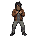 19 year old boy wearing a brown hoodie covering his face and grey pants in a fighting stance from side view