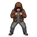 19 year old boy wearing a brown hoodie covering his face and grey pants in a fighting stance 