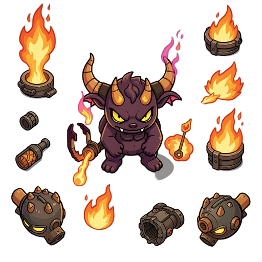 quero crie esse personagem em top down, quero varios elementos dele como de andar e cuspir fogo