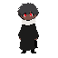 the character is a young person with dark skin, messy fluffy dark grey hair, bright red eyes, and a small red scratch mark on their left cheek. they are wearing a fluffy white neck collar and a long black cloak that covers their entire body exept their he