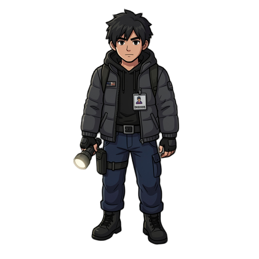 male character, dark messy short hair, wearing a dark gray puffer jacket with a badge/id card on the chest, black hoodie underneath, dark tactical belt, dark blue cargo pants, black laced boots, fingerless gloves, holding a flashlight in left hand, idle s