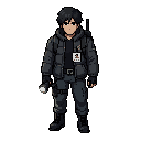 male character, dark messy short hair, wearing a dark gray puffer jacket with a badge/id card on the chest, black hoodie underneath, dark tactical belt, dark blue cargo pants, black laced boots, fingerless gloves, holding a flashlight in left hand, idle s