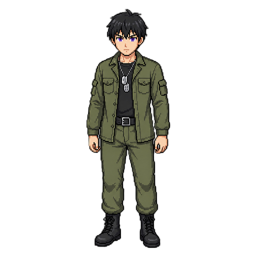 wearing an olive-green combat uniform with his arms at his sides, his jacket is open, revealing a black t-shirt underneath. two silver military identification tags hang from his neck, along with trousers the same color as his jacket and combat boots. he h