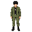 wearing an olive-green combat uniform with his arms at his sides, his jacket is open, revealing a black t-shirt underneath. two silver military identification tags hang from his neck, along with trousers the same color as his jacket and combat boots. he h
