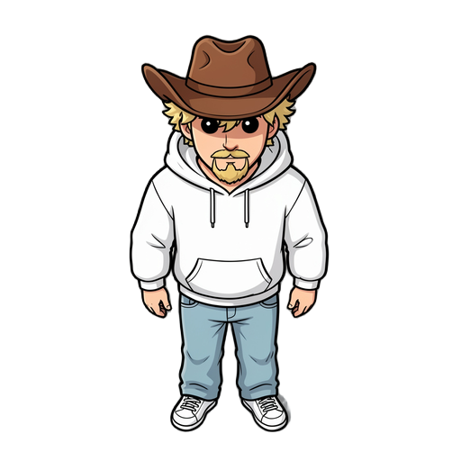 ele tem um chapéu de cowboy marrom que esconde bem o rosto, usa um moletom branco e uma calça larga jeans claro com tênis branco, ele tem cavanhaque que bigode e tem cachos que aparecem um pouco por debaixo do chapéu loiros , olhos da cor preta só as pupi