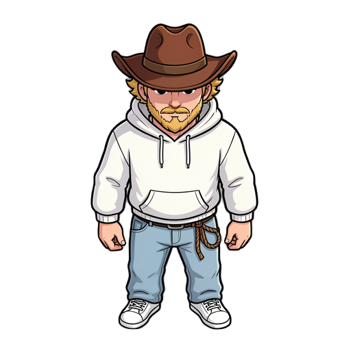 ele tem um chapéu de cowboy marrom que esconde bem o rosto, usa um moletom branco e uma calça larga jeans claro com tênis branco, ele tem cavanhaque que bigode e tem cachos que aparecem um pouco por debaixo do chapéu loiros , olhos escuros uma corda na ci