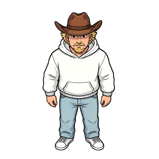 ele tem um chapéu de cowboy marrom que esconde bem o rosto, usa um moletom branco e uma calça larga jeans claro com tênis branco, ele tem cavanhaque que bigode e tem cachos que aparecem um pouco por debaixo do chapéu loiros , olhos escuros