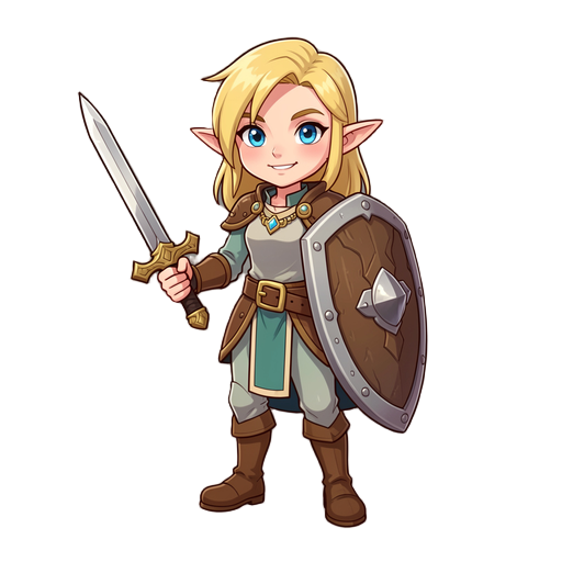 blonde blue eyed elf holding shield  and sword