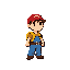 a small cartoon boy adventurer with a red cap, blue overalls, yellow backpack. retro pixel art style, bright colors, inspired by classic arcade games like pang and bubble bobble.