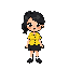 64-bit pixel art, friendly female elementary teacher, black ponytail, large expressive eyes, warm smile, vivid bright colors, blouse, dark knee-length skirt and simple shoes. full-body, 3/4 view, neutral pose, cute chibi proportions, crisp pixels, retro g
