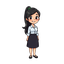 64-bit pixel art, friendly female elementary teacher, black ponytail, large expressive eyes, warm smile, vivid bright colors, blouse, dark knee-length skirt and simple shoes. full-body, 3/4 view, neutral pose, cute chibi proportions, crisp pixels, retro g