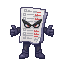 64-bit pixel art enemy: a living portuguese test paper with angry eyes, eyebrows, tiny arms and legs, gloves and shoes. covered with questions, answers and red corrections. funny but intimidating, front-facing, full body, centered, vibrant retro game styl