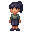 32-bit pixel art, friendly female elementary teacher, black ponytail, large expressive eyes, warm smile, blouse, dark knee-length skirt and simple shoes. full-body, 3/4 view, neutral pose, cute chibi proportions, crisp pixels, limited palette, retro 90s g