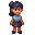 32-bit pixel art, friendly female elementary teacher, black ponytail, large expressive eyes, warm smile, vivid bright colors, blouse, dark knee-length skirt and simple shoes. full-body, 3/4 view, neutral pose, cute chibi proportions, crisp pixels, retro g