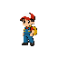 a small cartoon boy adventurer with a red cap, blue overalls, yellow backpack. retro pixel art style, bright colors, inspired by classic arcade games like pang and bubble bobble.