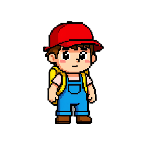 **a small cartoon boy adventurer with a red cap, blue overalls, yellow backpack. retro pixel art style, bright colors, inspired by classic arcade games like pang and bubble bobble.**