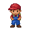 a small cartoon boy adventurer with a red cap, blue overalls, yellow backpack. retro pixel art style, bright colors, inspired by classic arcade games like pang and bubble bobble.