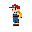 a small cartoon boy adventurer with a red cap, blue overalls, yellow backpack. retro pixel art style, bright colors, inspired by classic arcade games like pang and bubble bobble.