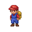 a small cartoon boy adventurer with a red cap, blue overalls, yellow backpack. retro pixel art style, bright colors, inspired by classic arcade games like pang and bubble bobble.