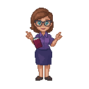 128-bit pixel art female teacher, friendly and confident, glasses, brown hair, blouse and skirt, holding a book and pointing forward. full body, front-facing, centered, vibrant colors, crisp pixels, retro educational video game style.