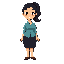 64-bit pixel art, friendly female elementary teacher, black ponytail, large expressive eyes, warm smile, vivid bright colors, blouse, dark knee-length skirt and simple shoes. full-body, 3/4 view, neutral pose, cute chibi proportions, crisp pixels, retro g