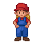 a small boy adventurer with a red cap, blue overalls, yellow backpack. retro pixel art style, bright colors, inspired by classic arcade games like pang and bubble bobble.