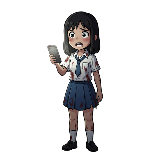 indonesian high school girl, full body character, standing pose, shoulder-length straight black hair, white shirt and blue skirt school uniform, slightly messy clothes, holding smartphone as flashlight, scared expression, dark horror atmosphere, night set
