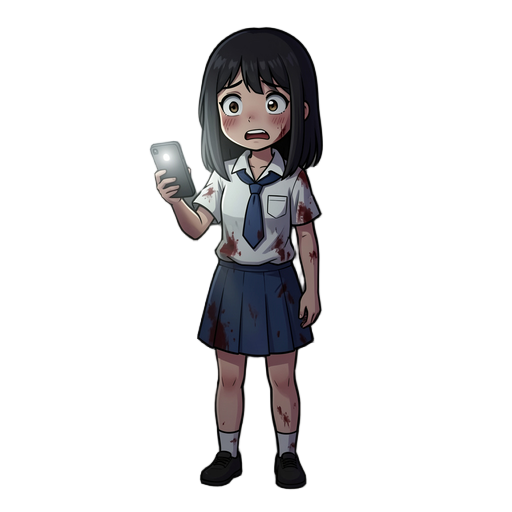 indonesian high school girl, full body character, standing pose, shoulder-length straight black hair, white shirt and blue skirt school uniform, slightly messy clothes, holding smartphone as flashlight, scared expression, dark horror atmosphere, night set