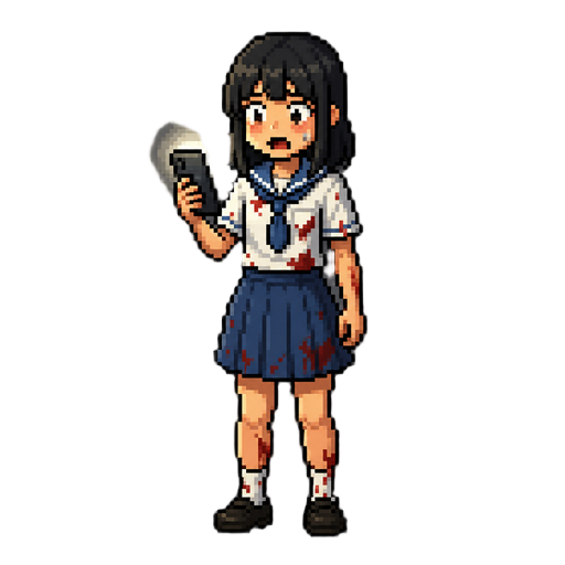 indonesian high school girl, full body character, standing pose, shoulder-length straight black hair, white shirt and blue skirt school uniform, slightly messy clothes, holding smartphone as flashlight, scared expression, dark horror atmosphere, night set