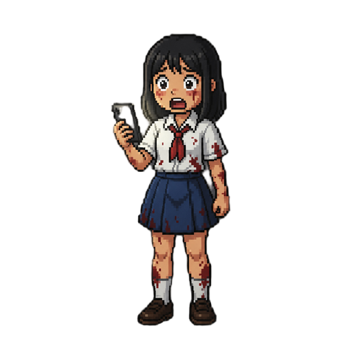 indonesian high school girl, full body character, standing pose, shoulder-length straight black hair, white shirt and blue skirt school uniform, slightly messy clothes, holding smartphone as flashlight, scared expression, dark horror atmosphere, night set