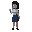 indonesian high school girl, full body character, standing pose, shoulder-length straight black hair, white shirt and blue skirt school uniform, slightly messy clothes, holding smartphone as flashlight, scared expression, dark horror atmosphere, night set
