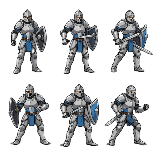 quero que faça os sprits de um cavaleiro com armadura prata e detalhes em azul quero os sprites:parado,andando.correndo,atacando,defendendo. o cavaleiro de usar um escudo como arma