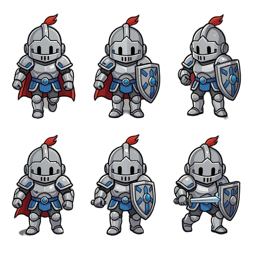 quero que faça os sprits de um cavaleiro com armadura prata e detalhes em azul quero os sprites:parado,andando.correndo,atacando,defendendo. o cavaleiro de usar um escudo como arma