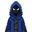 make a  character wearing a blue  cloak that covers it's small body with a black knight helmet. with only two small glowing white eyes visible.the character has a simple, minimal body. 