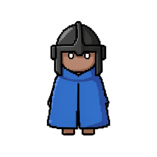 make a  pixel character wearing a blue  cloak that covers it's small body with a black knight helmet. with only two small glowing white eyes visible.the character has a simple, minimal body. 