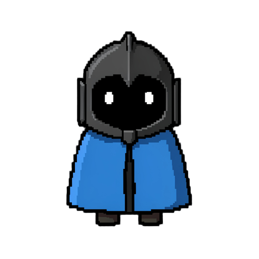 make a cute pixel character wearing a blue  cloak that covers it's small body with a black knight helmet. the face is completely black with only two small glowing white eyes visible, no mouth or facial features. 