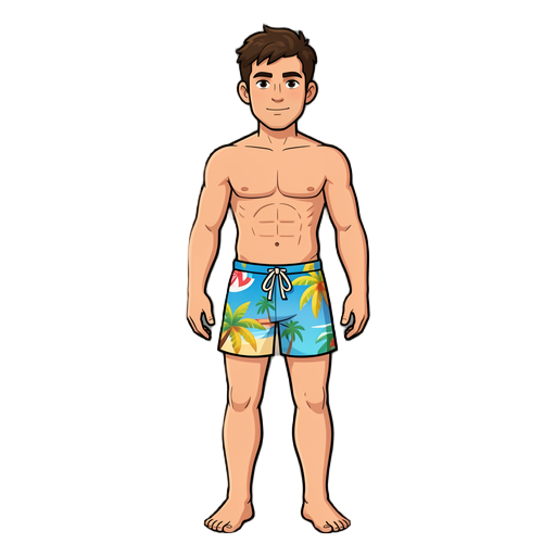 gere um cara de praia sem camisa e com uma sunga de praia