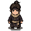 young wandering swordsman, slightly weary expression, not yet a master, room to grow, black headband across forehead, small topknot with stray strands, dark worn hanfu robe with slightly frayed hem, beige cloth sash wrapped at waist with knot, loose beige