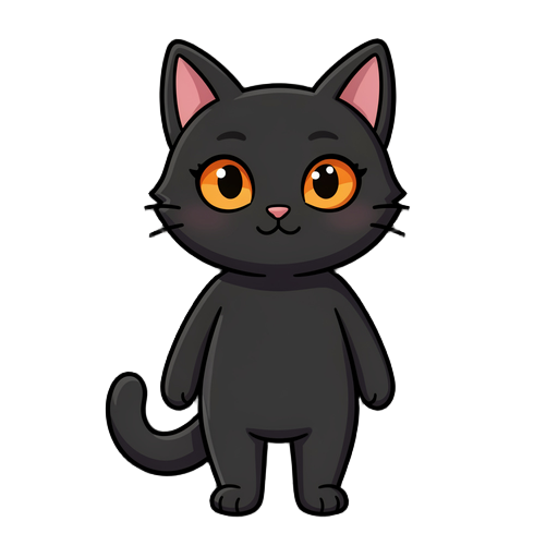 a cute black cat with orange eyes, cartoon style. 