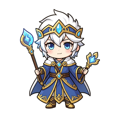 create a mage using color, white, blue and gold. style chibi anime fantasy.