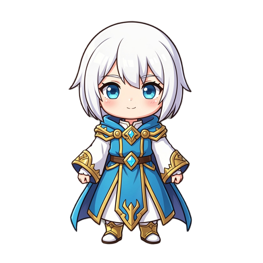 create a mage using color, white, blue and gold. style chibi anime fantasy.
