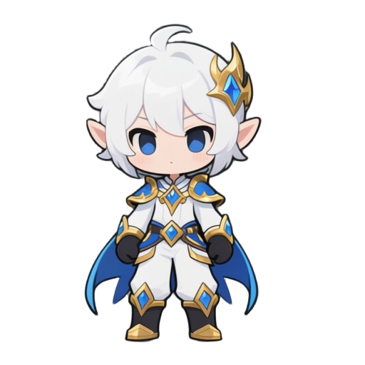 create a mage using color, white, blue and gold. style chibi anime fantasy.