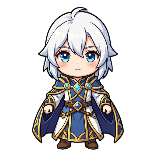 create a mage using color, white, blue and gold. style chibi anime fantasy.