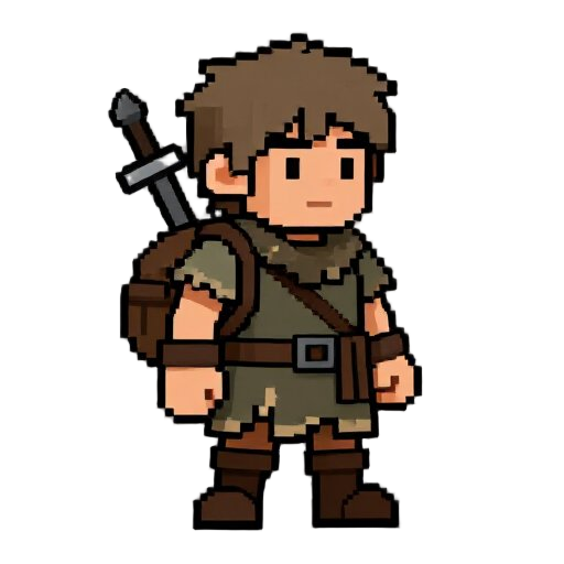 crie um personagem para um jogo rpg em pixel, aventureiro, cabelo bagunçado, capa desgastada,mochila pequena, espada antiga nas costas,