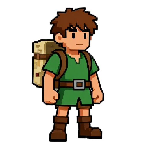 crie um personagem para um jogo rpg em pixel, aventureiro, cabelo bagunçado, roupa com detalhes verde,mochila, mapa nas costas,