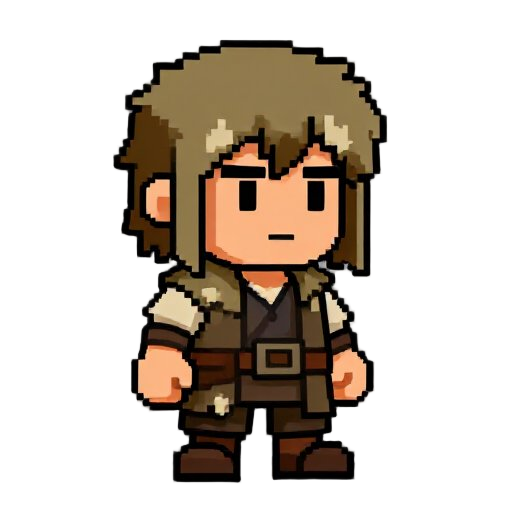 crie um personagem para um jogo rpg em pixel, aventureiro, cabelo bagunçado, capa desgastada